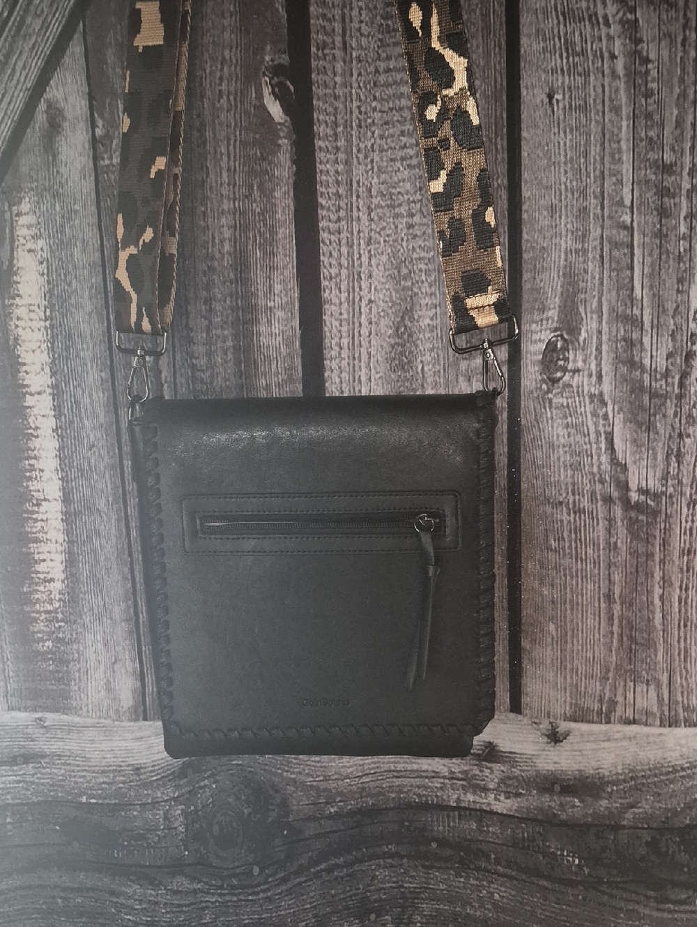 Black Women's Messenger Bag with Leopard-Pattern Strap
